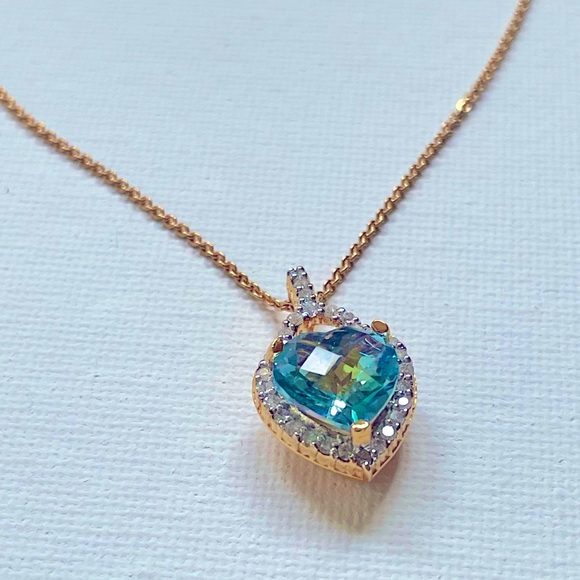 Blue Topaz Heart Pendant Hand Cut 4 Carats Diamonds 18K Gold Vermeil Gif… - Picture 4 of 6